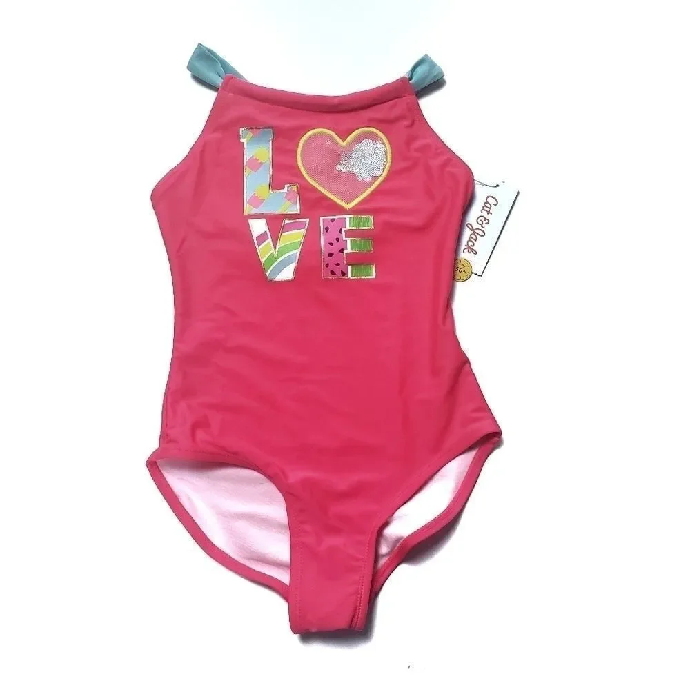 Brand New Cat & Jack Kids Swimsuit Size Small Sequin Heart Love One Piece